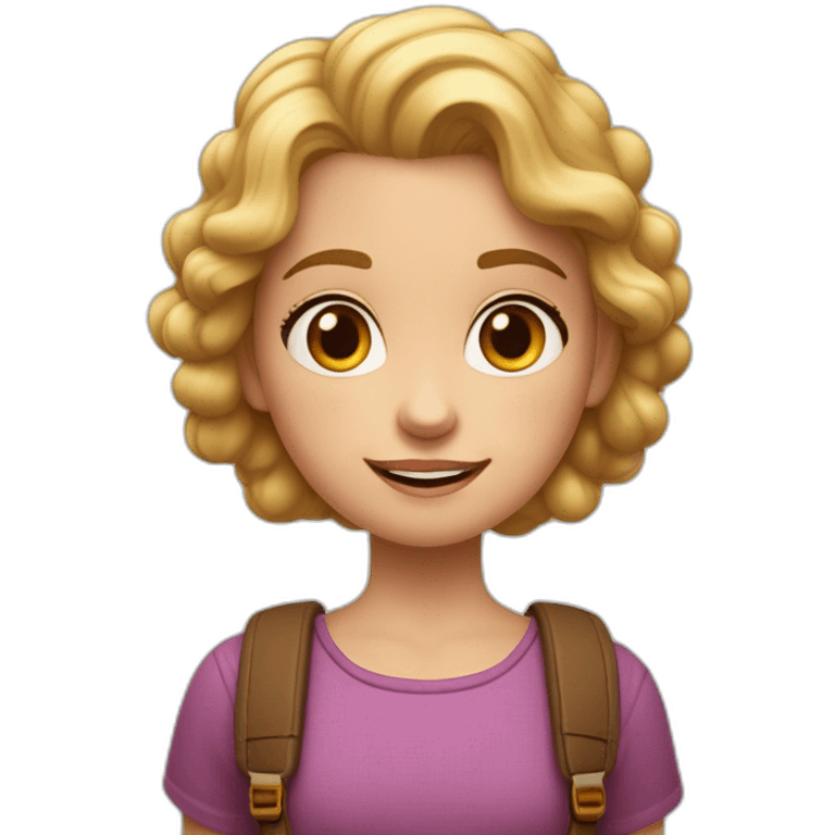 Estilo pixar, niña de ocho años de edad, pelo color rubio liso con las puntas rizadas, ojos marrones, con una mochila del colegio emoji