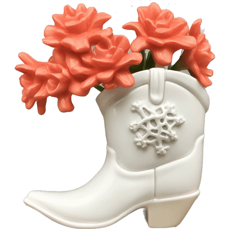 White cowgirl boot vase with coral emoji