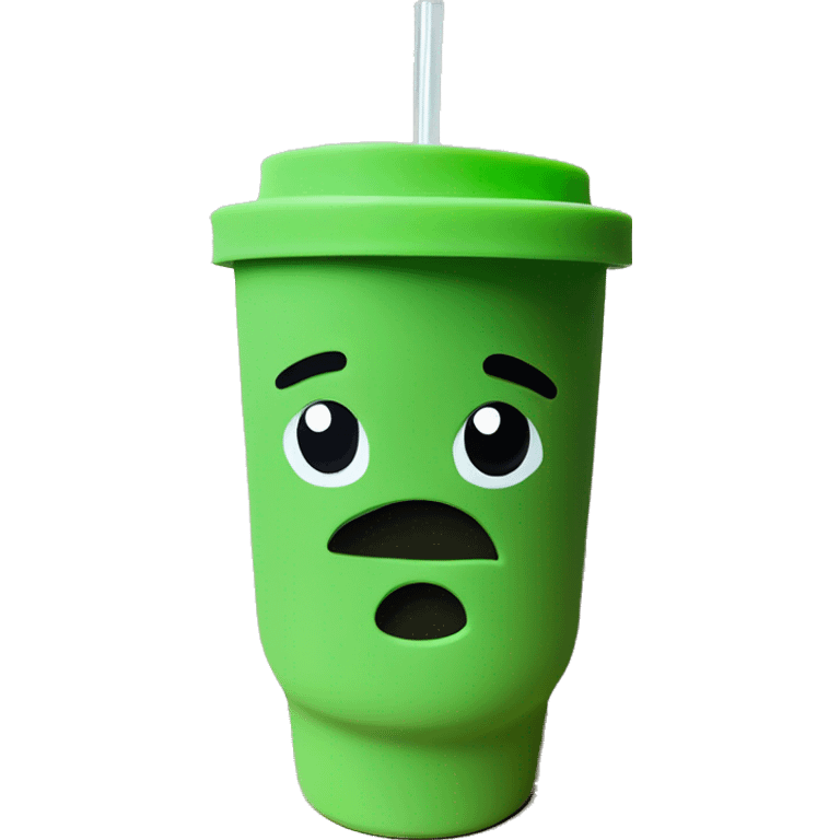 Drink tumbler mug, matte green, with lid and clear straw and handle emoji