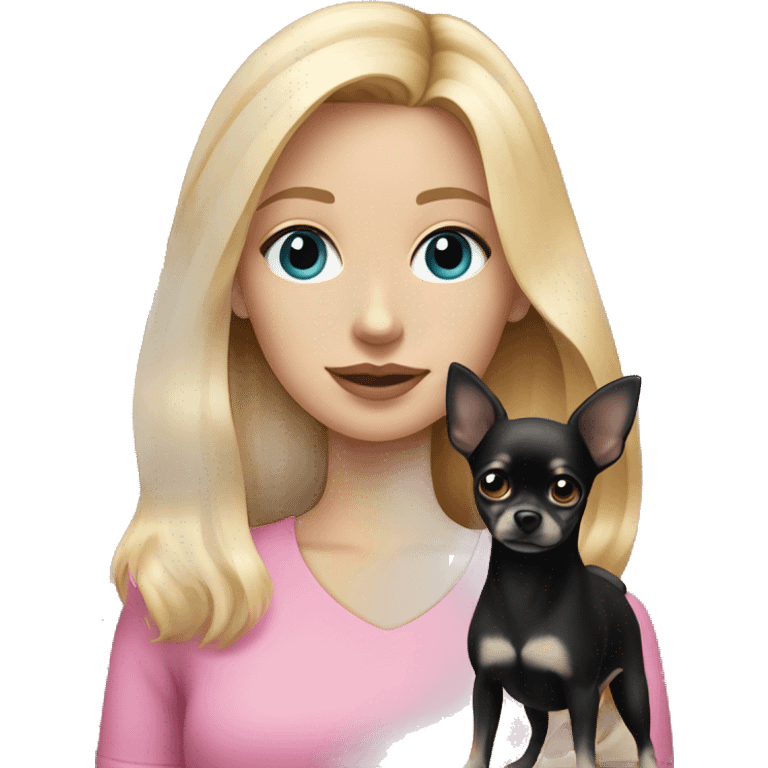 White girl with blonde hair and blue eyes wearing a pink shirt holding a black long hair chihuahua emoji