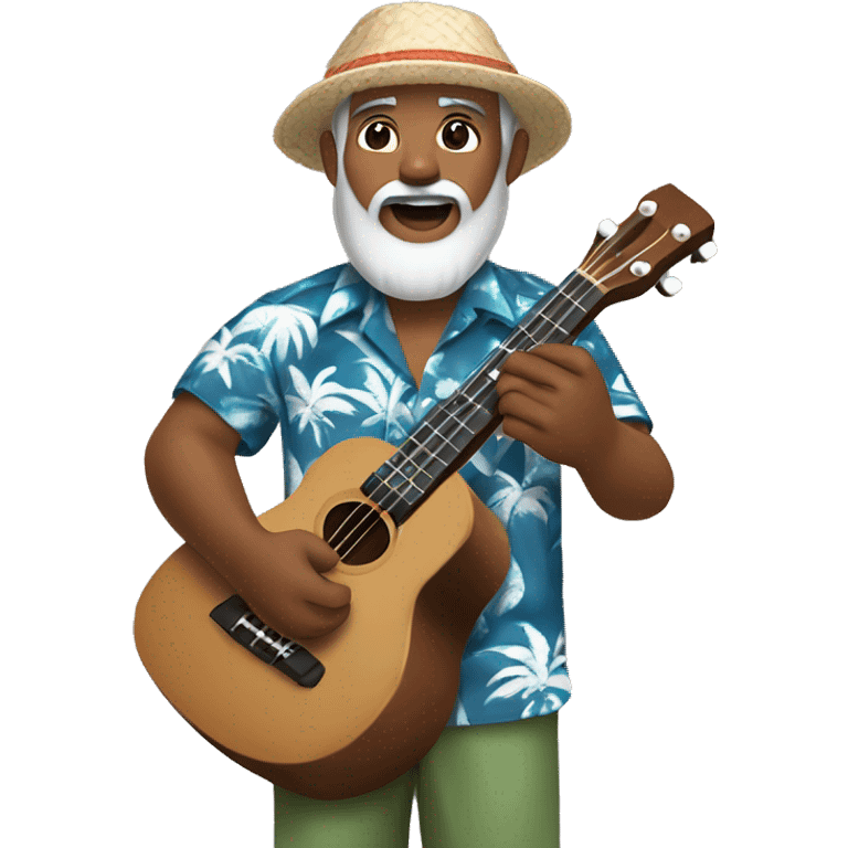 dark-skinned native hawaiian man h playing ukulele age 57 with hawaiian shirt shorts beard with cap and hair with a little gray hair and a goatee beard, small asian eyes emoji