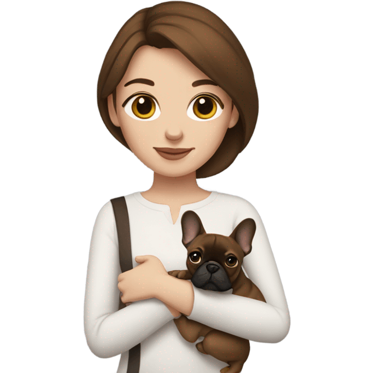 Woman with brown hair holding a French bulldog emoji