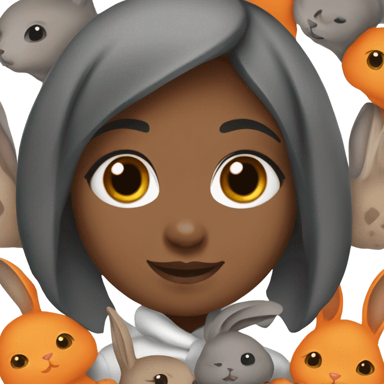 Black Muslim girl holding her 3 cute orange, gray, and mix colored holland lop bunnies emoji