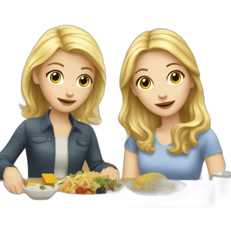 white girl with blonde hair and white girl with brunette hair eat lunch on the table emoji