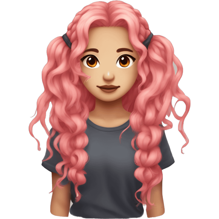 Idol girl with reddish-pink eyes and long, messy coral pink hair that falls below her shoulder blades, with two clumps of hair tied into small loose fluffy pigtails near the top emoji