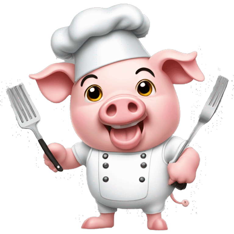 Pig with chef hat cooking corn on a bbq grill with tongs in its hand  emoji