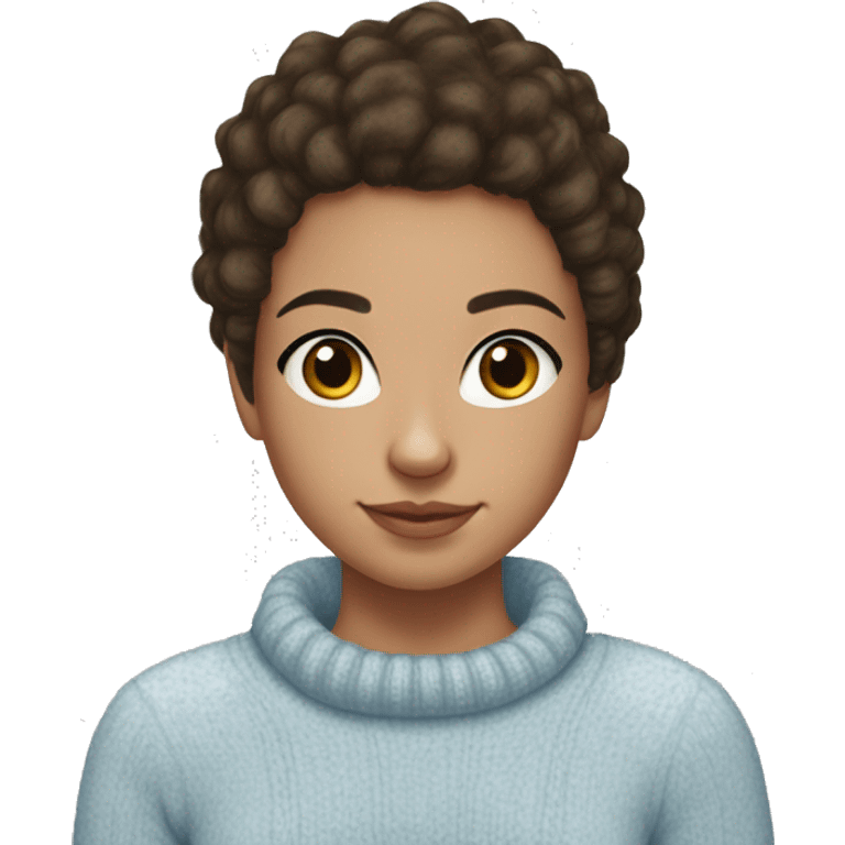 teenage girl, hispanic, freckles, afro brown hair, pony tail, short hair, brown eyes, light blue sweater, winter sweater, freckles emoji