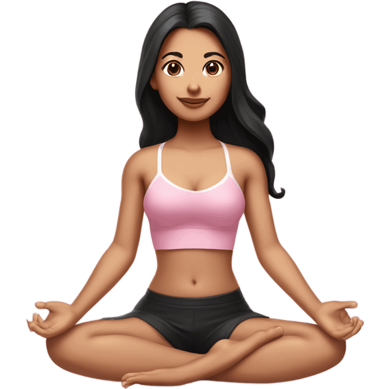 A girl with white skin tone, brown eyes and black long hair,  is sitting in a lotus position in a pink bra top and short white skirts emoji