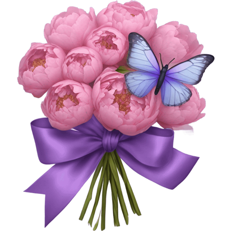 A purple silk ribbon tied around a bouquet of dried pink peonies , with a delicate pastel violet butterfly perched gently on the bow. emoji