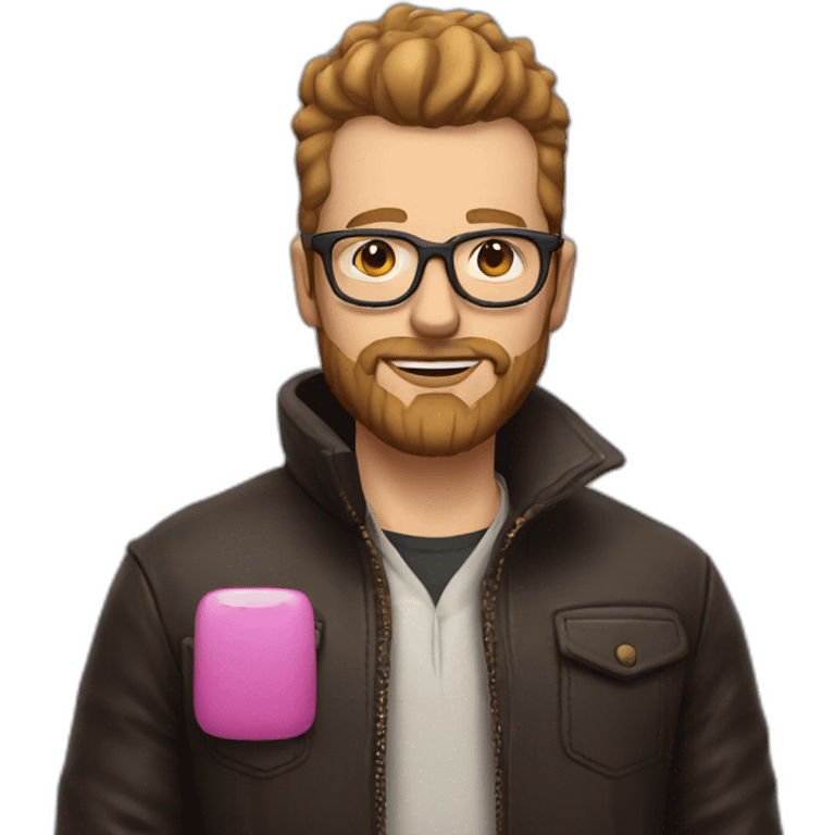 white man with brown beard a pink mohawk and thick glasses wearing a leather coat emoji