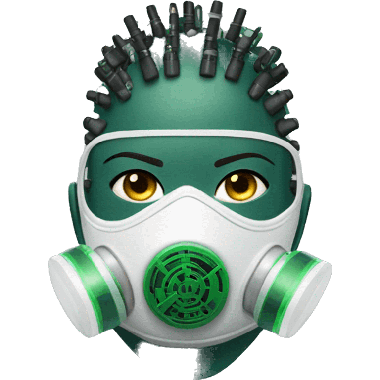 Dark green Mohawk female cyborg head with white respirator mask and circuits emoji