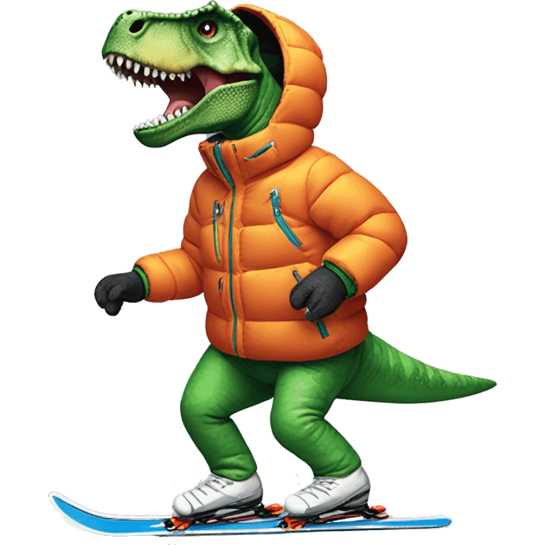 Tyrannosaurus rex downhill skiing wearing a puffer jacket, vibrant colors emoji