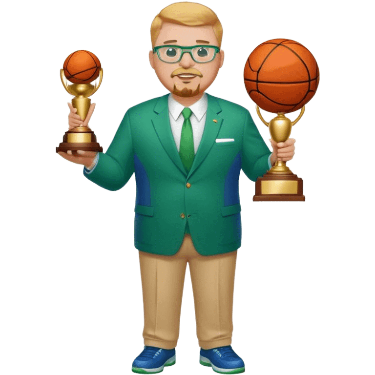 Full Body white fat male  wearing glasses with a goatee with strawberry blond very short hair basketball head Coach in blue and green suit holding trophy emoji