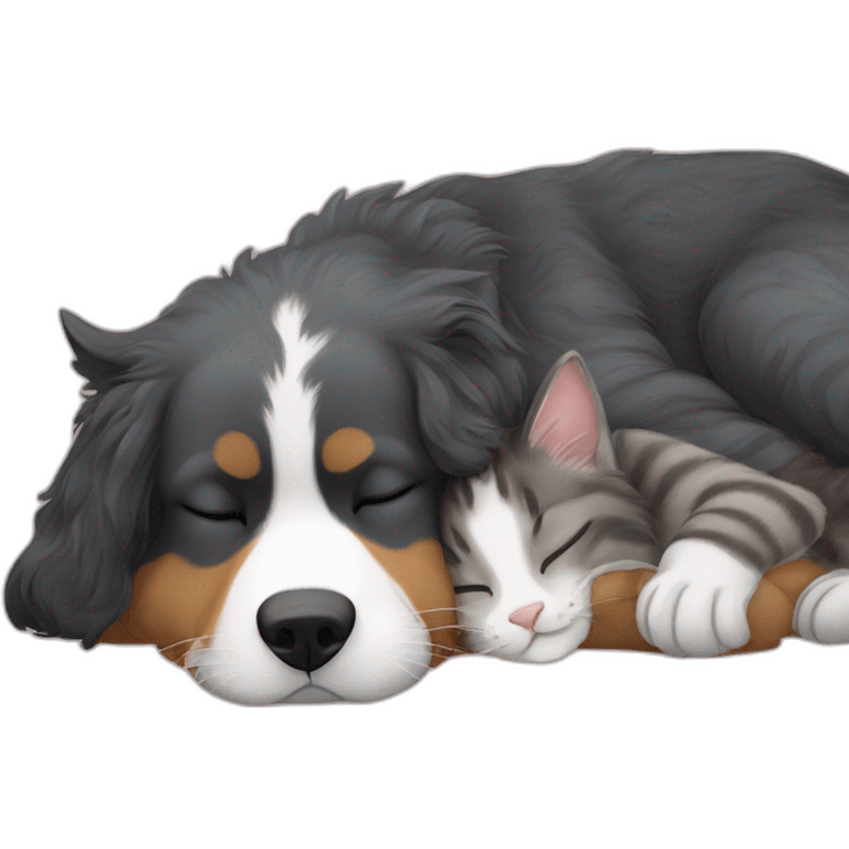 a grey tabby cat sleeping on top of a bernese mountain dog emoji