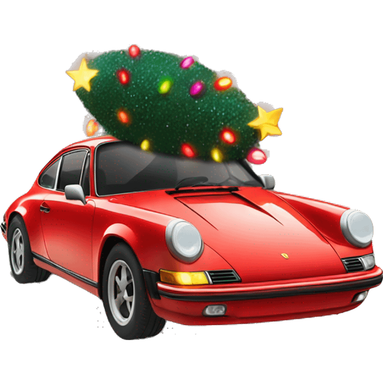 Red Porsche covered in colorful Christmas lights and a Christmas tree on the roof  emoji