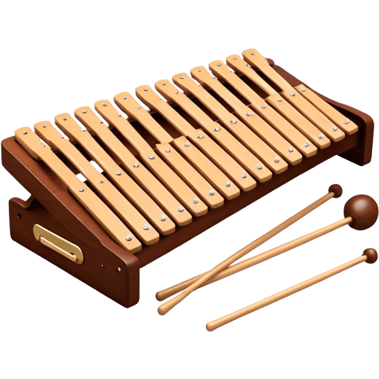 Create a detailed and professional emoji representing a Fleet FLT-SX37 long orchestral wooden xylophone. The design should showcase the large wooden bars of the xylophone, arranged in a traditional setup, with soft metallic accents on the mallets. The bars should have a rich wood texture, with polished details to reflect the quality of the instrument. The mallets should be held above the bars, with the heads clearly visible. Use warm, rich wood tones like mahogany and light brown, with silver or metallic accents for the mallets. Add subtle musical notes floating above the xylophone to emphasize its melodic sound. The background should be transparent. emoji