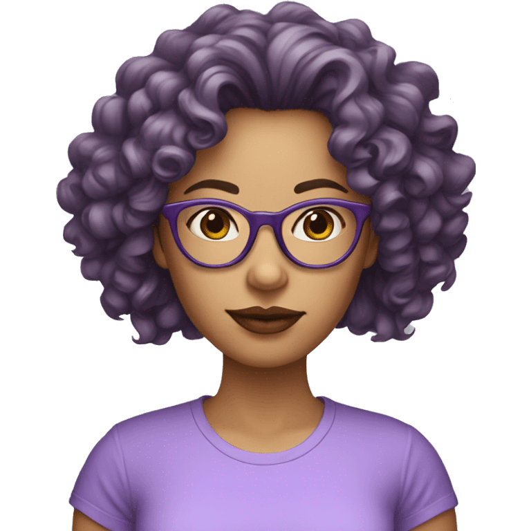 long curly hair woman with fair skin, big lips and lilac t shirt and glasses emoji