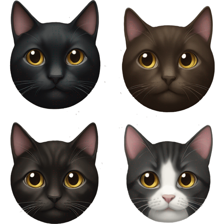 a black tuxedo cat, a dark brown tabby cat, and a black kitten  emoji