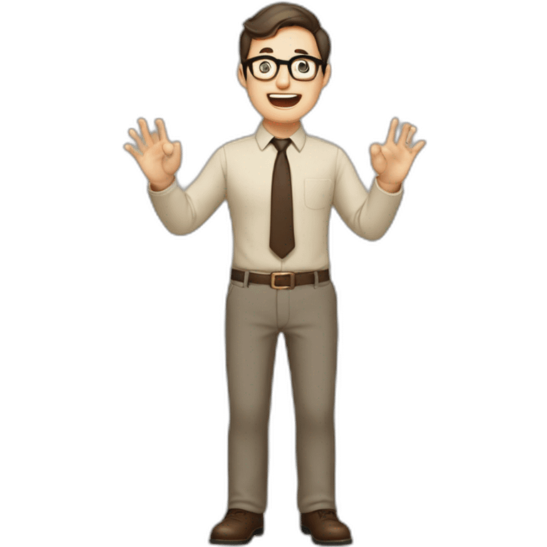 To belt Actively gesturing with hands Pale skinned fit man with dark brown hair in gray jacket, beige office shirt, brown tie, brown pants and vintage glasses. emoji