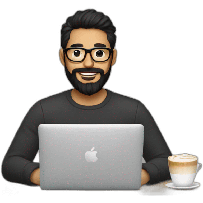 Designer with black hair, beard and glasses working with MacBook and drinking cappuccino  emoji