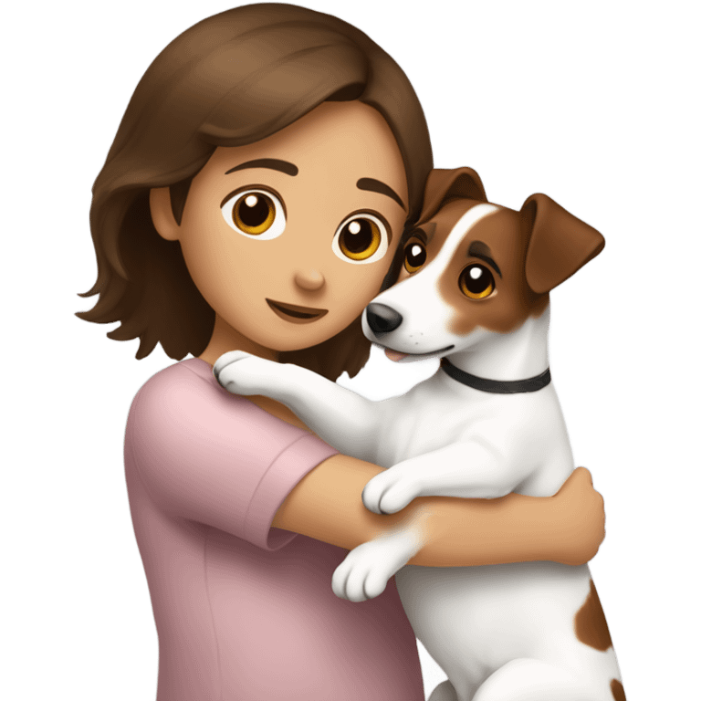 white dark brown haired girl hugging jack russell terrier emoji