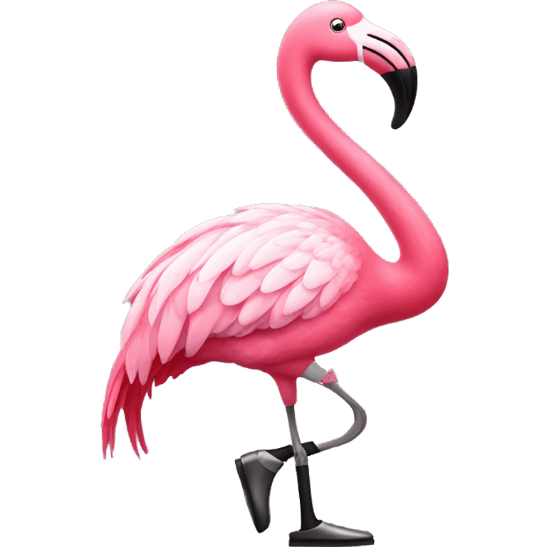 A pink flamingo with tap-dancing shoes emoji