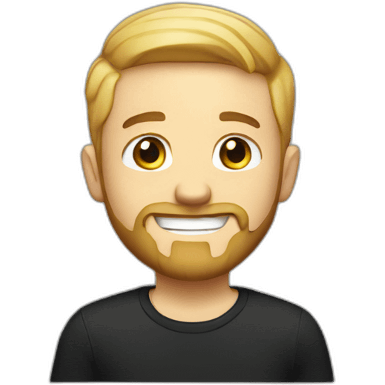 White guy, short bearded, very short hair, blonde with a black t-shirt smiling emoji