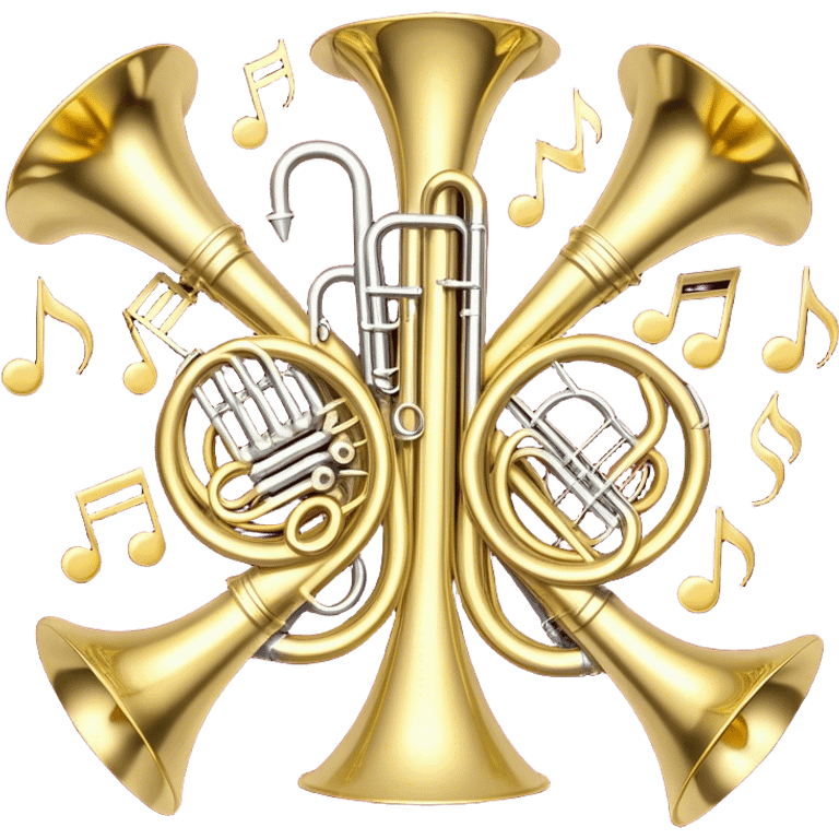 Create a festive and elegant emoji collage featuring a bouquet or fan of bells of wind instrument  (trumpets, saxophones, trombones, tubes, etc.) arranged in a radiant, symmetrical pattern. The instruments should have polished, golden and silver finishes, with their large, shiny bells forming a beautiful, fan-like display. Include a flowing ribbon of musical notes swirling through the center, conveying movement and melody. The background should feature a deep red velvet texture, adding a touch of luxury and sophistication. The overall composition should be balanced, with an elegant and regal feel, with a transparent background to keep focus on the instruments and musical elements. emoji