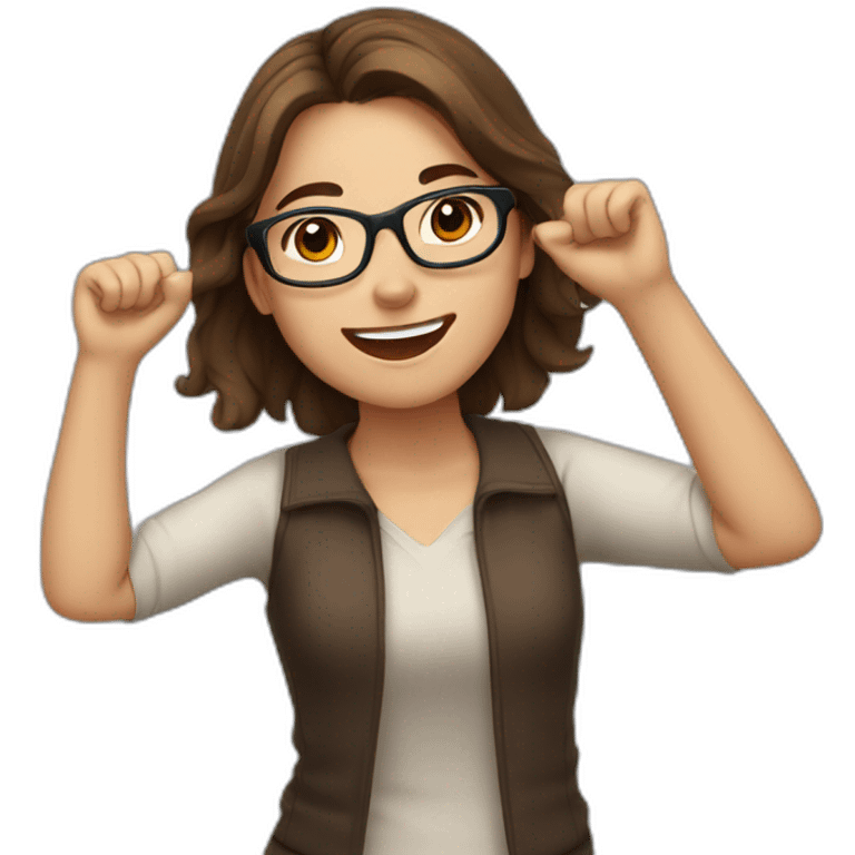 european girl with glasses and brown hair celebrating arms up emoji