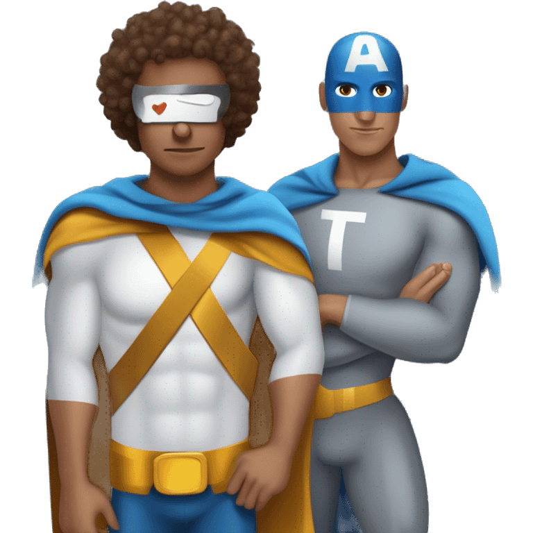 curly brown hair man and pigeon man with letter 'T' on the chest crossover as superhero. superpower = design emoji