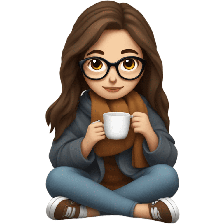 Brown hair Girl drinking coffee, with a cozy blanket wearing glasses with book and cat on her lap emoji