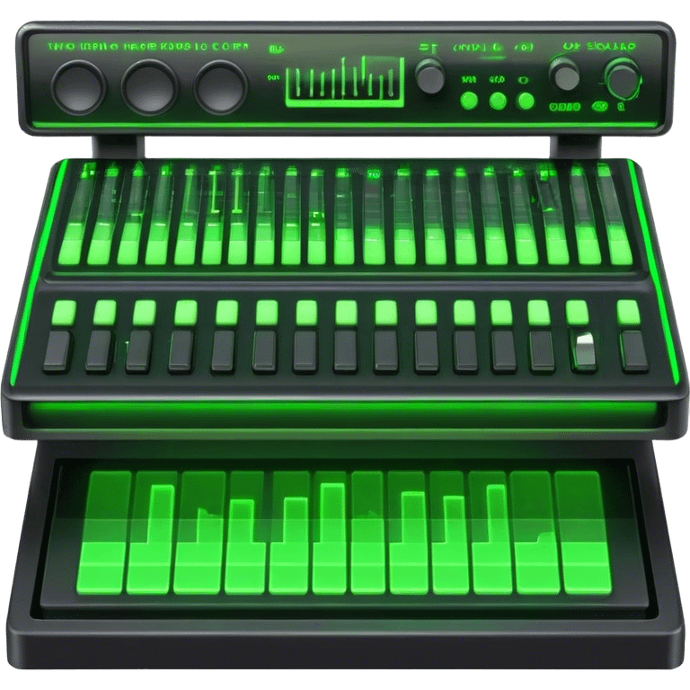 Create a creative and technical emoji that represents sound design. The design should feature a sound mixing console, audio waveforms, and sound effects icons (like a reverb or delay knob) to symbolize the manipulation and crafting of sound. Add elements like a synthesizer or audio interface to reflect the electronic aspect of sound creation. Use colors like neon green, blue, or purple to represent the innovative and experimental nature of sound design. The background should be transparent. emoji