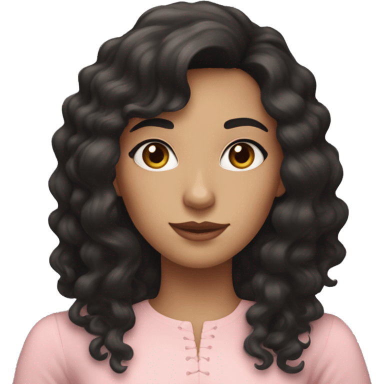 White woman with long black curly hair and bangs and dark brown eyes, wearing a pastel pink dress emoji