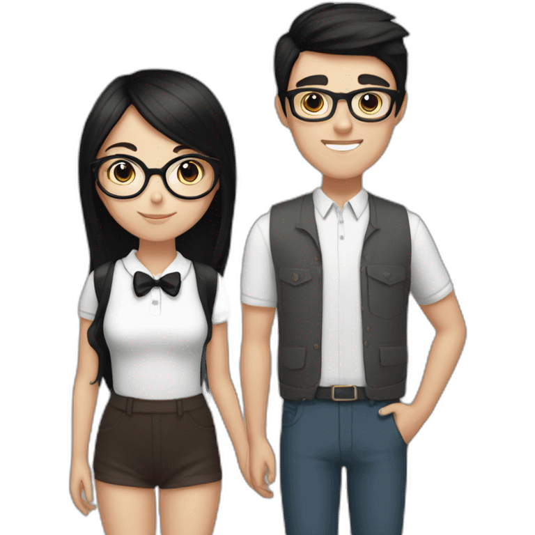 white girl with straight black hair and glasses with brunette boy with a bow and a black and white cat emoji