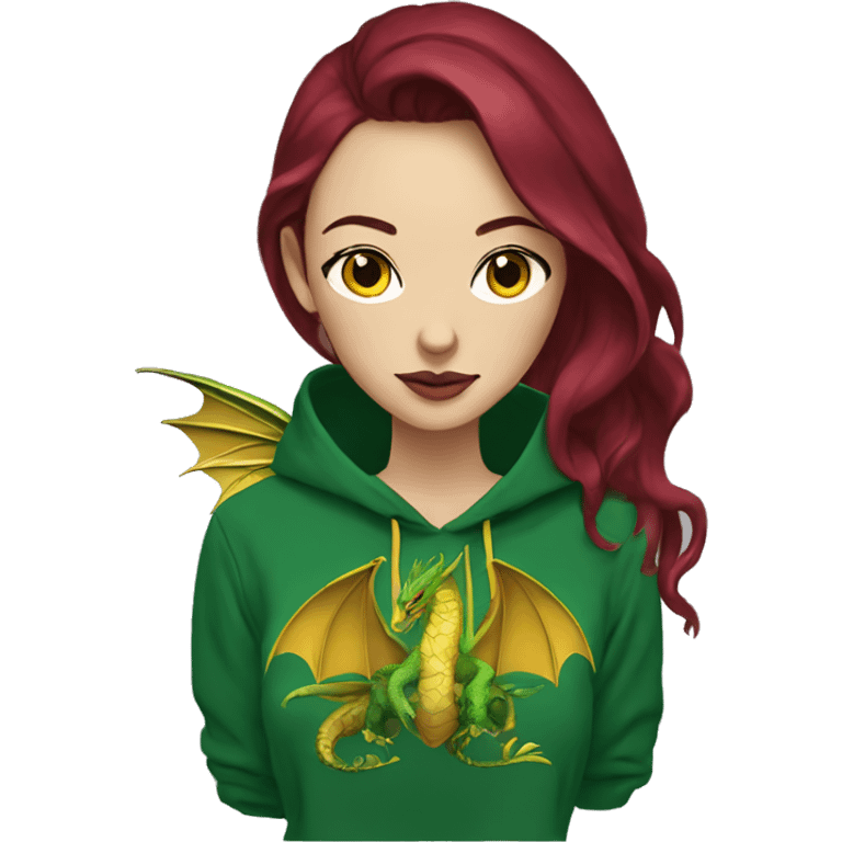 420 Lady with brunette and blue hair, hemp, gold, green dragon wings, maroon hoodie, 420, black and gold Nike t shirt, and bright red eyes emoji