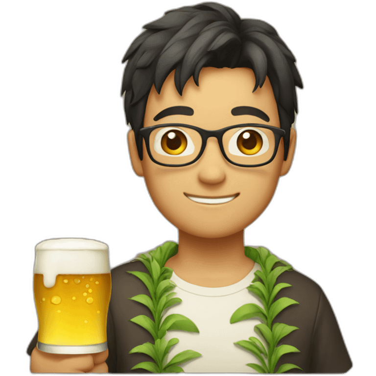 Japanese wearing glasses alohashirt is holding beer emoji