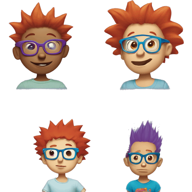 Rugrats, a red-haired one year baby with spiky hair and only 2 front teeth wearing purple square glasses and a blue shirt with red trim emoji