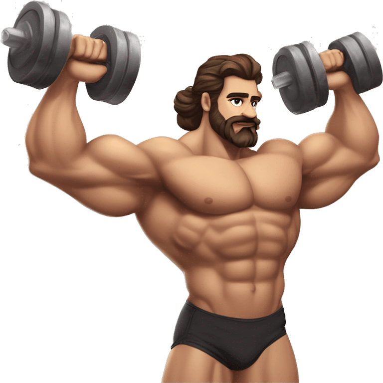 muscled hairy bodybuilder brown hair beard,enormous pecs and enormous biceps, long wavy hair in a man bun, with dark brown eyes, and tanned skin, full body from head to toes picture, flexin both biceps, with hairy body emoji