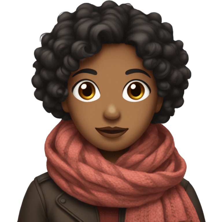 Brown girl with medium length curly black hair wearing big scarf and mittens emoji