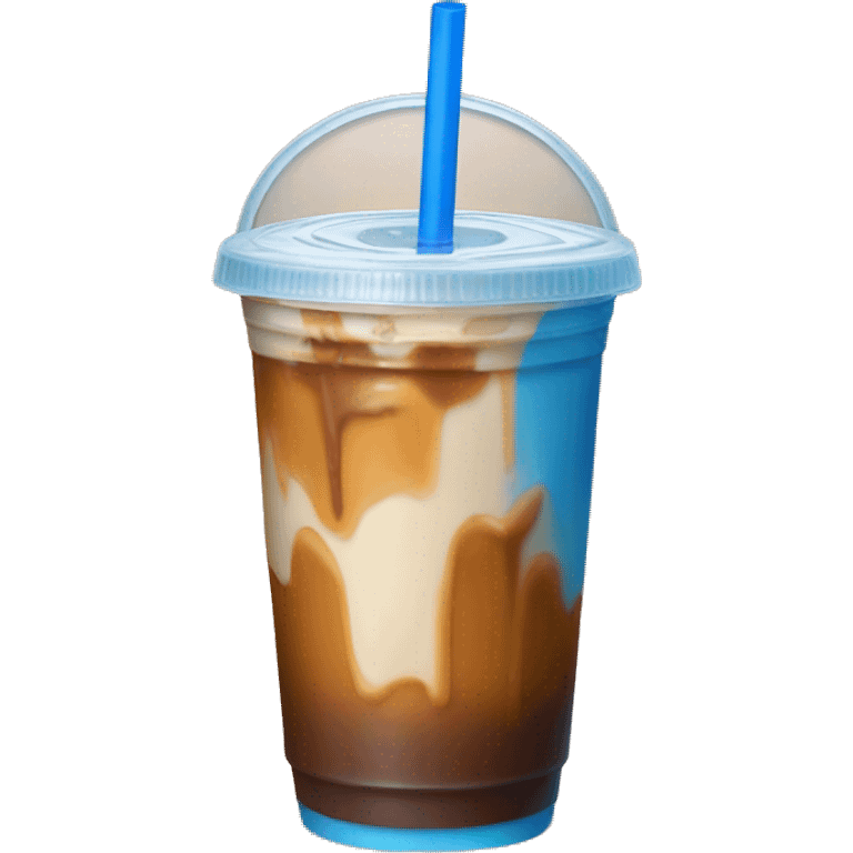 Iced caramel macchiato with a lid and blue straw emoji