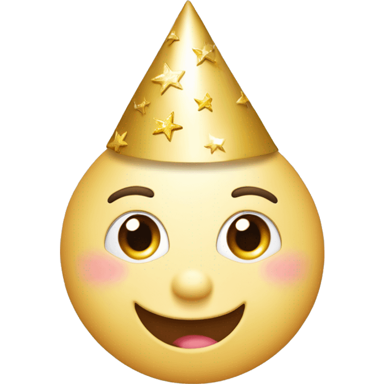 Happy face emoji: A round face, big warm smile, sparkling moon eyes. Eyebrows arched to express good humor, little gold stars near the eyes for a magical touch. Colored party hat slightly askew, rosy cheeks for a cute effect. WHITE FACE emoji