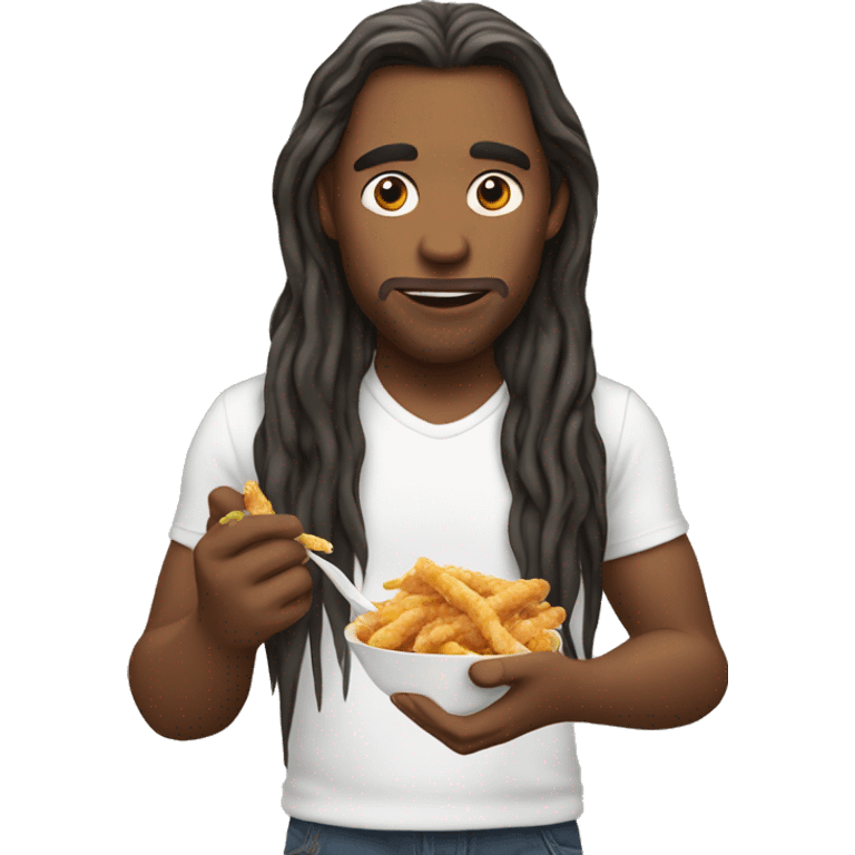 man with long hair eating chicken strips emoji