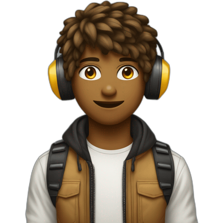 Adolescent métisse de 15 ans avec des cheveux noirs et courts avec des yeux marron clair avec un casque de gamer qui est derrière un ordinateur emoji