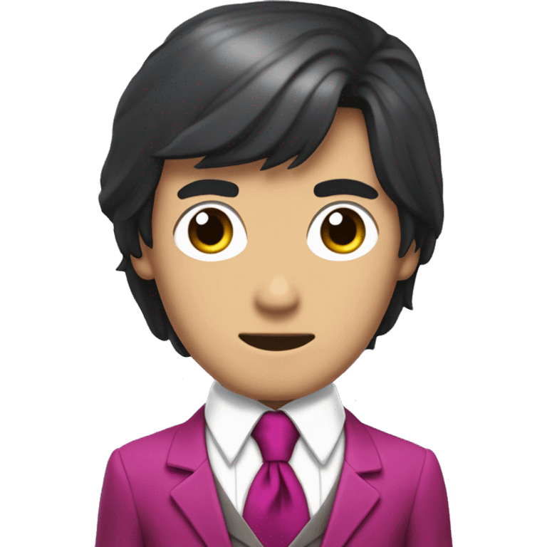 Miles Edgeworth, greyish-black hair with twin bangs framing his face in an 'M' shape, magenta suit, and a white cravat around his neck emoji