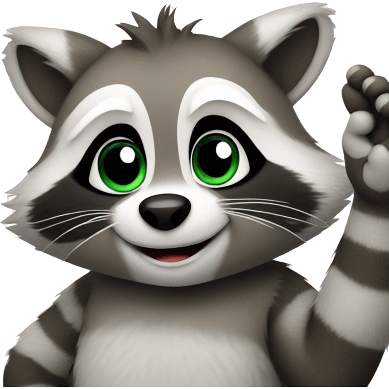 A cute fluffy raccoon waves his paw and greets emoji