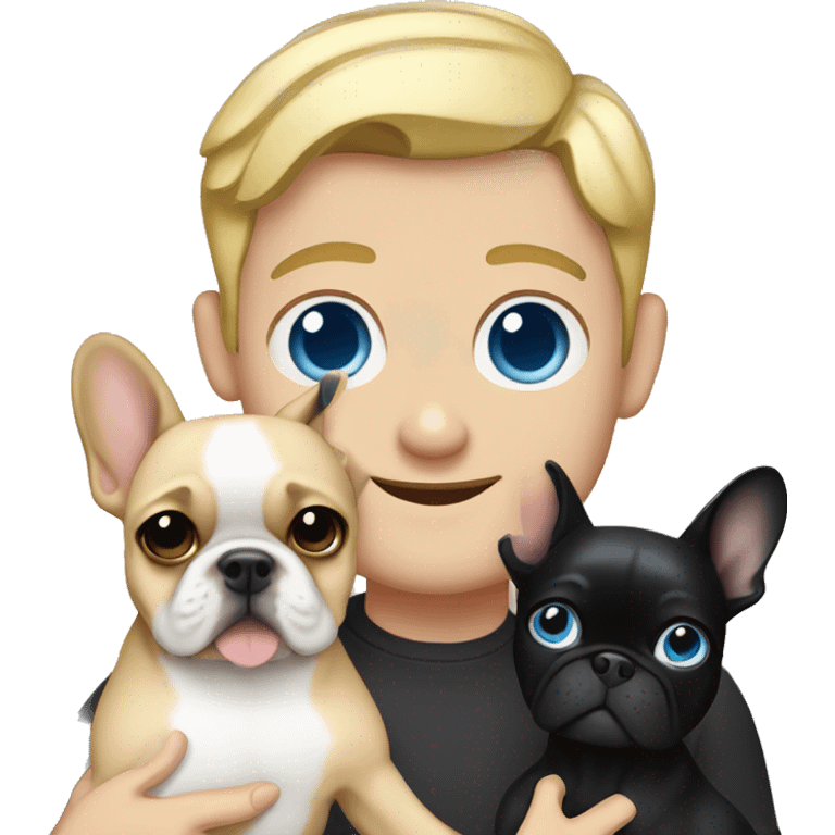 Man with blue eyes and black hair holds a blonde frenchie  emoji