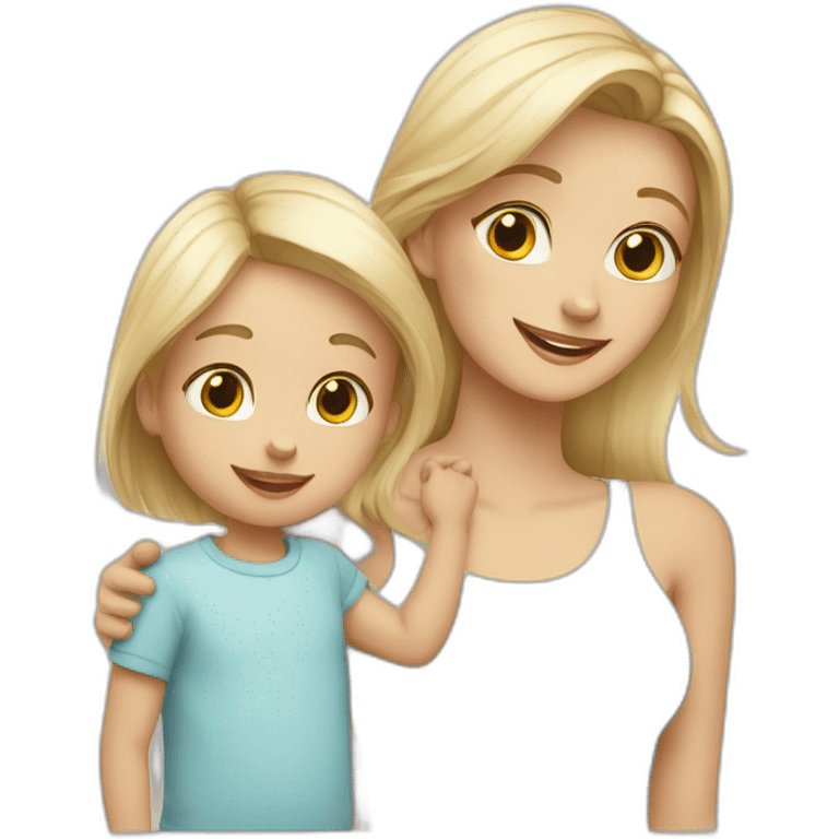 blond mother with straight blond hair, baby son with blond hair, brindle cat and white cat with gray spots emoji