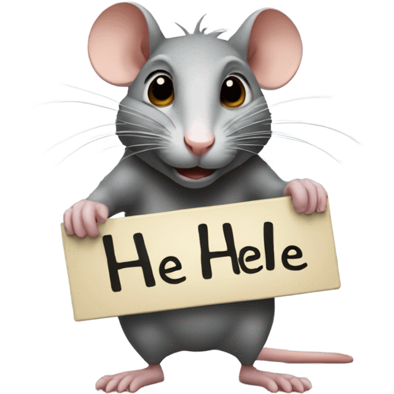 A rat holds a sign with the inscription "HE HE" emoji