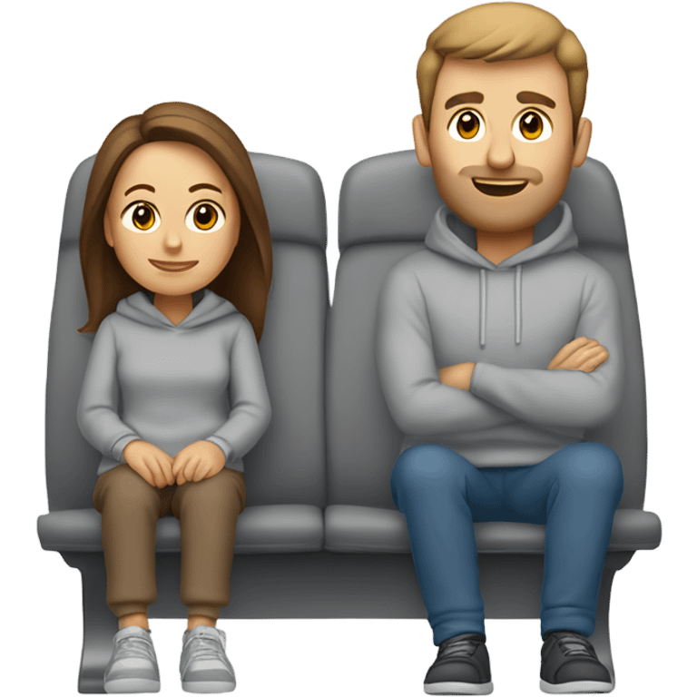 airplane, featuring a white woman with long brown hair, dressed in a soft grey sweatshirt and sweatpants. She’s sitting next to her husband, a white man with short brown hair, who’s also wearing a matching grey sweat suit.  emoji