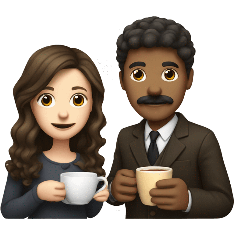 a brunette girl and a dark blond boy with a mustache drinking together a cup of tea emoji